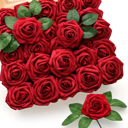 Mocoosy 50 rosas artificiales a granel, rosas falsas de espuma de aspecto real con tallos a granel, ramo de boda, arreglo floral, centros de mesa de