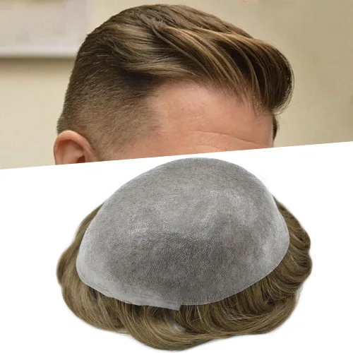 Miniatura 12 de Tupé de piel ultra fina para hombres pieza de cabello humano real sistema de reemplazo 0.002 in Mens Toupee Hairpiece para hombres V-Loop 8x10 80%