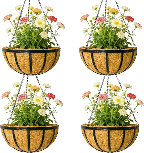 Miniatura 8 de Maceta colgante de metal de 12 pulgadas con forro de fibra de coco, maceta colgante para decoración del hogar, jardín, patio, patrón de hierro plano