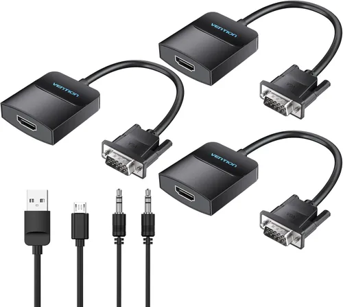 VENTION Paquete de 3 adaptadores VGA a HDMI - 1080P Dongle de vídeo, adaptador convertidor VGA con cable de audio (0.15 m), macho a hembra para PC,