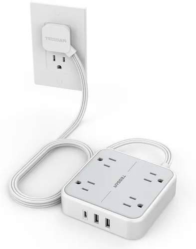 TESSAN Cable de extensión plano con protector de sobretensiones de 5 pies, regleta de alimentación de enchufe plano con 4 tomas, 3 puertos USB (1