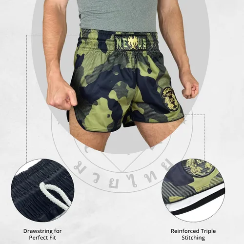 Miniatura 6 de Muay Thai - Pantalones cortos de boxeo tailandés verde, pantalones cortos militares de artes marciales para hombres y mujeres, artes marciales