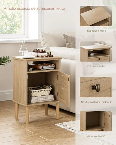 Miniatura 9 de Mesita de noche, mesita de noche bohemia con 1 cajón, mesa auxiliar moderna con estante abierto, mesa auxiliar de noche de madera para dormitorio