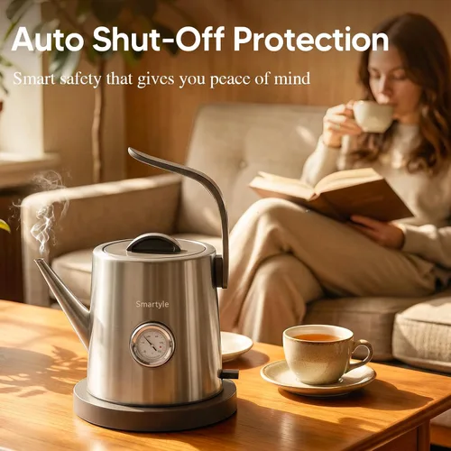Miniatura 8 de Smartyle® Tetera eléctrica con termómetro, hervidor eléctrico de cuello de cisne de 1.0L, acero inoxidable 304, apagado automático, cafetera de 1200