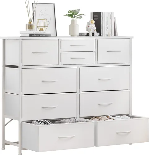 Miniatura 14 de LUMTOK - Cómoda de 10 cajones, cómodas de tela para dormitorio, pasillo, guardería, armarios, marco de acero, parte superior de madera, mango fácil