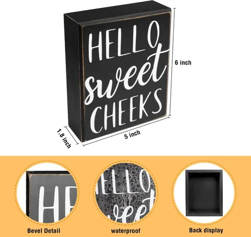 Miniatura 4 de Pigort Letrero Hello Sweet Cheeks - Decoración de Baño Estilo Moderno de Granja Acento para el Hogar - Placa Rústica de Madera Negra para Estante