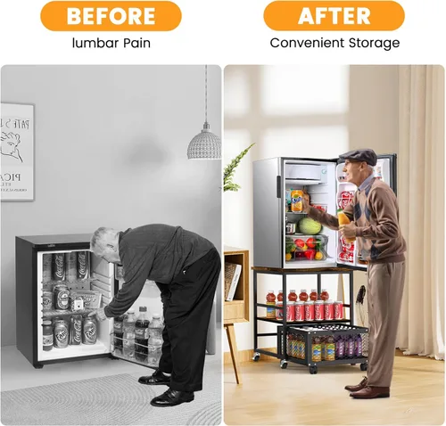 Miniatura 2 de Mini soporte móvil para refrigerador de 19.7 x 19.7 pulgadas con 3 almacenamientos, mesa pequeña para refrigerador de bebidas con ruedas, carrito