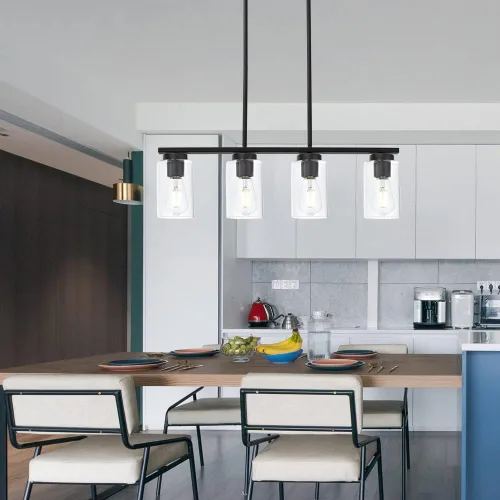 Miniatura 6 de TODOLUZ Lámparas colgantes negras con pantallas de vidrio transparente, 4 luces linares de isla de cocina para granja, comedor, cocina, mesa de Negro