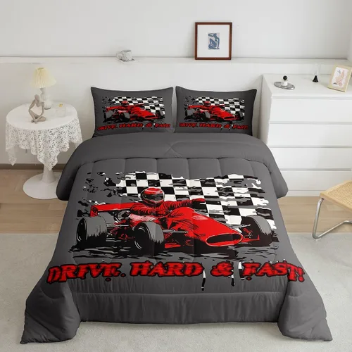 Miniatura 39 de Erosebridal Juego de edredón individual de motocicleta de carreras para niños, juego de ropa de cama de panal con luces de neón azules, motocross