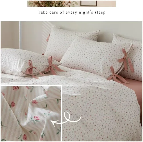 Miniatura 5 de MKXI Juego de ropa de cama con diseño de corbata de moño linda y rayas de flores rosas, tamaño individual, de algodón - Funda de edredón