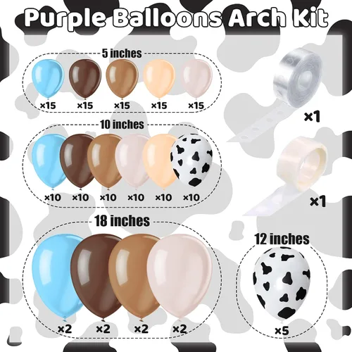 Miniatura 2 de Kit de arco de guirnalda de globos de vaca de 150 piezas, diseño de vaquera, azul, blanco, marrón, estampado de vaca, globos de animales de granja
