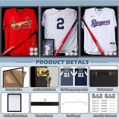 Miniatura 3 de Caja grande de sombra de jersey, caja de sombra militar, extra profunda, XL, grande, marco de exhibición de jersey negro, con bloqueo con protección