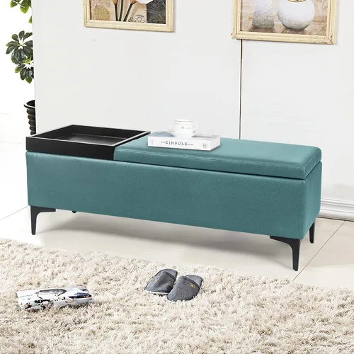 Miniatura 6 de Joveco Mesa auxiliar rectangular con bandeja elevadora, banco otomano de almacenamiento con patas de metal, banco tapizado en el extremo de la cama