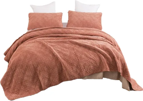 Miniatura 9 de DaDalogy Bedding - Juego de colcha de pana color naranja terracota, manta terrosa rústica y cálida coral ladrillo – Terciopelo suave ligero cosido