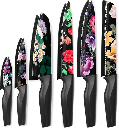 Astercook Juego de cuchillos de cocina de flores de 12 piezas con protectores de cuchilla, apto para lavavajillas, acero inoxidable alemán de alto