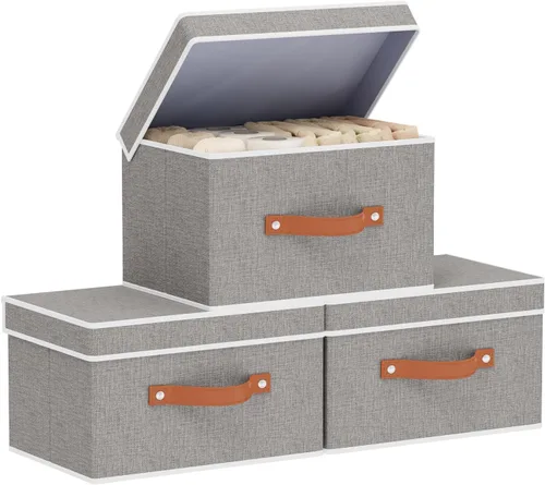 Miniatura 11 de Contenedor de almacenamiento de tela, cesta de almacenamiento con tapas, caja organizadora de armario con asas para zapatos, libros, toallas, blanco