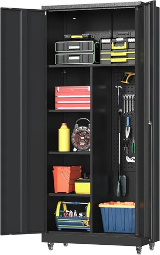 Miniatura 18 de Armario de pared de garaje de metal con puerta abatible hacia arriba, cabenit de herramientas flotante negro con estante ajustable, armarios