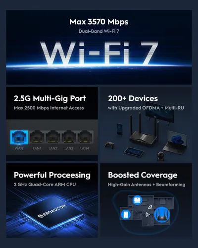 Miniatura 3 de Cudy Enrutador Wi-Fi 7 de doble banda BE3600, velocidades ultrarrápidas, conectividad multiconcierto de 2.5G, cobertura de gran alcance, suave