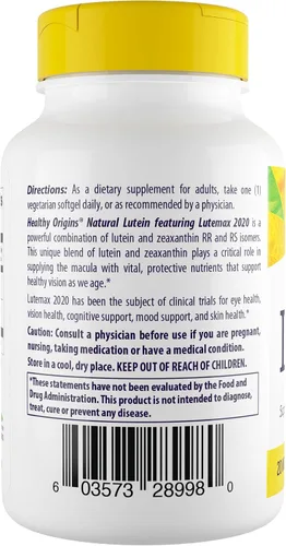 Miniatura 2 de Healthy Origins Luteína 20 mg (Lutemax 2020 con zeaxantina, sin OMG, vegano, soporte para los ojos), 180 geles vegetales