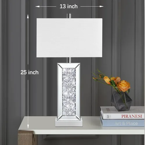 Miniatura 11 de Juego de 2 lámparas de mesa modernas con control táctil, lámpara de noche de espejo plateado con gran cristal de diamante, con puertos USB C+A