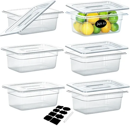 BIEAMA Paquete de 6 bandejas de alimentos NSF con tapas, tamaño 1/4 de 4 pulgadas de profundidad, recipientes comerciales de almacenamiento de
