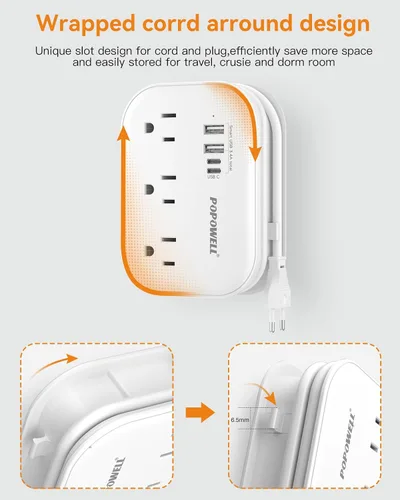 Miniatura 7 de Adaptador de enchufe europeo, regleta de alimentación de viaje UE/Reino Unido/EE. UU. con 3 salidas y 4 puertos USB (3.4A), adaptador de corriente