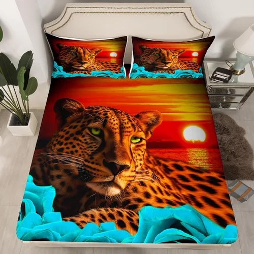Miniatura 46 de Erosebridal Juego de sábanas bajeras de rosas rojas y leopardo, tamaño individual, diseño de animales africanos salvajes, diseño de plantas