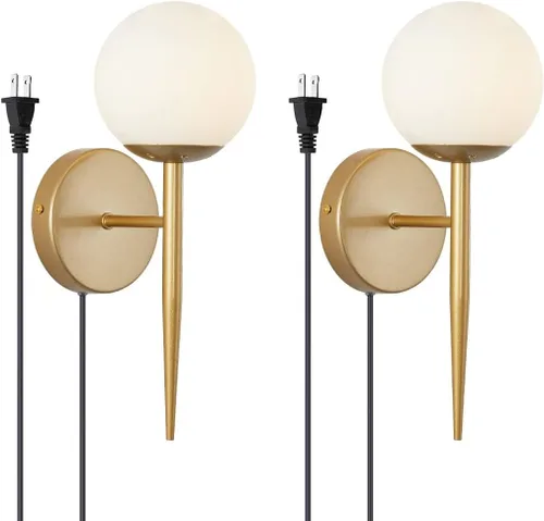 Miniatura 9 de BOKT Juego de 2 apliques de pared dorados cepillados, con cable enchufable, moderno de mediados de siglo, apliques de pared con forma de globo