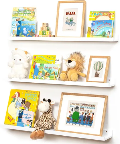 Miniatura 40 de FLYJOE Estante de repisa de fotos para pared, 24 pulgadas de madera de fresno maciza, estantes para libros de guardería, estantes flotantes