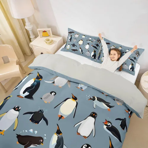 Erosebridal Juego de ropa de cama de pingüinos, funda de edredón de animales antárticos para niños y niñas, funda de edredón estilo caricatura,