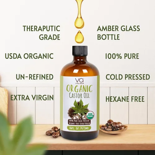 Miniatura 2 de VITAL AFFAIR Aceite de Ricino Puro Orgánico Prensado en Frío Sin Refinar Botella de Vidrio - Certificado USDA para Paquete de Aceite de Ricino