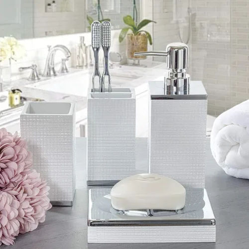 Miniatura 3 de Creative Scents Estella - Juego completo de accesorios de baño, juego de baño blanco de 4 piezas con base plateada incluye: dispensador de jabón