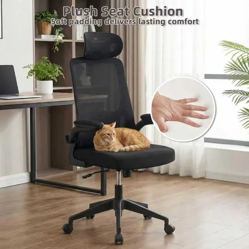 Miniatura 5 de Silla de oficina ergonómica con reposacabezas, silla de escritorio de malla con respaldo alto, soporte lumbar ajustable, silla giratoria
