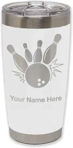 Miniatura 30 de LaserGram Vaso aislado al vacío de 20 onzas, bola de boliche y alfileres, grabado personalizado incluido (negro)