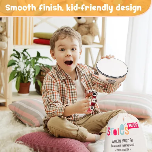 Miniatura 8 de Stoie's Instrumentos musicales de madera para niños pequeños con tambor, flauta, campanas de mano, platillos, castañuelas, triángulo, para bebés