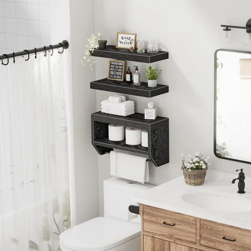 Miniatura 4 de Estantes flotantes de baño QEEIG para pared - Estante sobre inodoro para almacenamiento de papel higiénico estilo granja 40.6 cm, juego de 3, negro