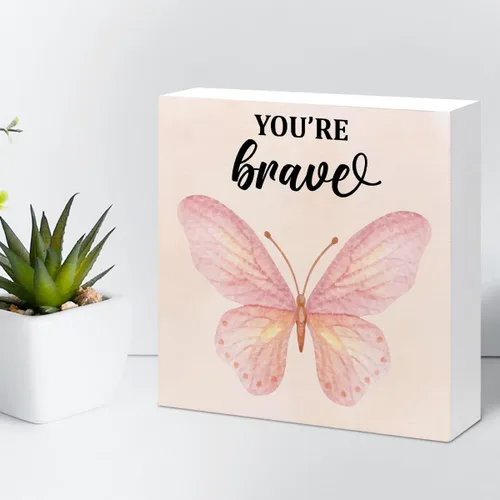 Miniatura 5 de Regalo inspirador, letrero de madera con texto en inglés "You're Brave Girl Positive Affirmations", decoración de escritorio motivacional con diseño
