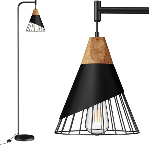 Lámpara de pie industrial de 67" con pantalla de madera y metal negro, lámpara de pie moderna, lámpara alta rústica de estilo granja para sala de