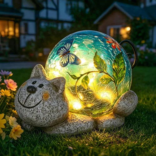 Afirst Estatuas solares de jardín para exteriores, adorno de césped de gato con luces solares de vidrio agrietado, decoración al aire libre para