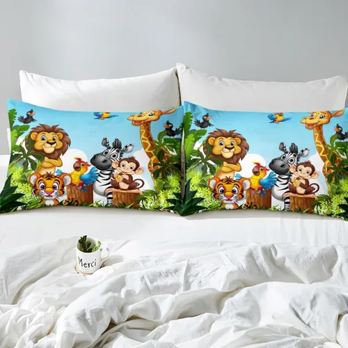 Miniatura 4 de Juego de sábanas bajeras de animales tamaño individual, divertido juego de ropa de cama de dibujos animados para niños y niñas, verde adolescente