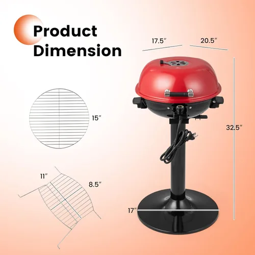 Miniatura 6 de ORALNER Parrilla eléctrica para barbacoa con soporte, rejilla de calentamiento y bandeja de goteo, parrilla eléctrica de 15 porciones para Rojo