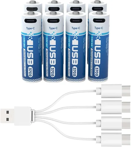 Lleva cualquier batería de litio AA recargable por USB, 3 horas de tiempo de carga, recarga más de 1600 veces, 2450 mAh, cable de carga USB-A a