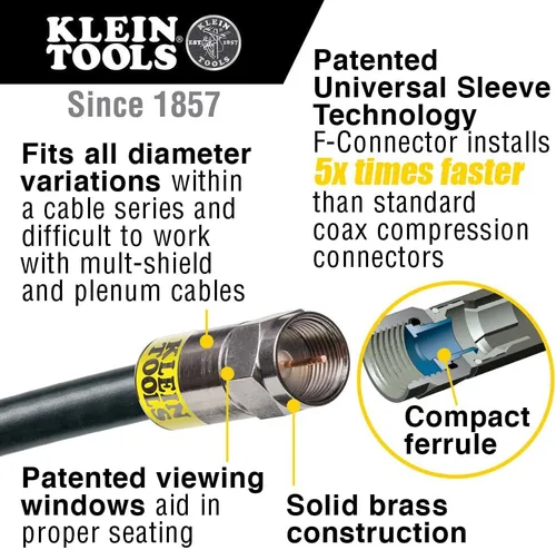 Miniatura 5 de Klein Tools VDV026-211 Kit de instalación coaxial con herramienta de engarzado, cortador de cables, pelacables y conectores F con bolsa