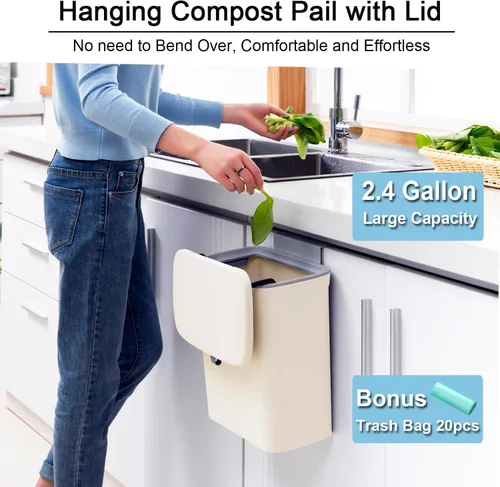 Miniatura 2 de Tiyafuro Cubo de compost de cocina de 2.4 galones para encimera o debajo del fregadero, cubo de basura pequeño colgante con tapa para armario, baño