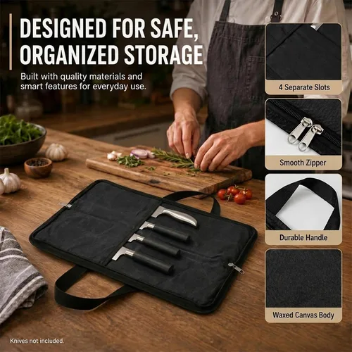 Miniatura 3 de Rollo de cuchillos, bolsa resistente para cuchillos, estuche de lona encerada con 4 ranuras para cuchillos y herramientas de cocina, bolsa