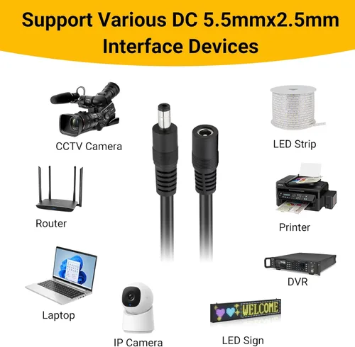 Miniatura 5 de CENSHI Paquete de 1 cable de extensión de alimentación CC de 18 AWG de 0.217 in x 0.098 in, cable conector macho a hembra para cámara de seguridad