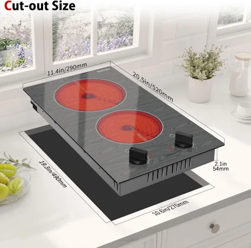 Miniatura 6 de Karinear Placa de Cocina Eléctrica de 2 Quemadores, 110v Estufa Eléctrica Portátil con Perilla, Placa de Cocina de Vidrio, Hermoso Patrón de Veta