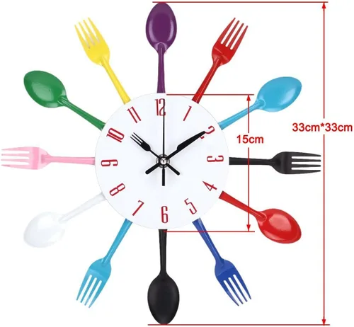 Miniatura 2 de Timelike Reloj de pared de cocina, 3D extraíble, moderno, creativo, cubiertos, cuchara, tenedor, reloj de pared, espejo, calcomanía de pared, Blanco
