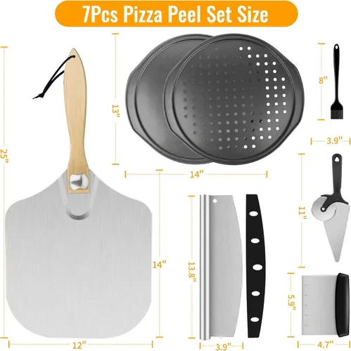 Miniatura 6 de Pizza - Juego de 7 sartenes para pizza con cáscara de pizza, espátula de pizza de 12 x 14 pulgadas, paleta de pizza de aluminio con cortador