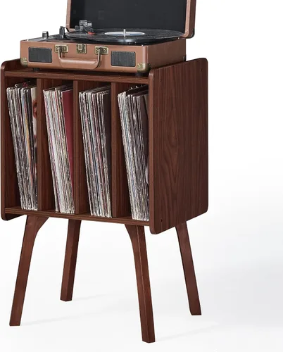 LELELINKY Soporte para tocadiscos, mesa de almacenamiento de discos de vinilo de nogal con 4 gabinetes de hasta 100 álbumes, soporte para tocadiscos